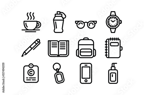 Hot beverage cup eyeglasses water bottle pen open book backpack notebook id card keychain smartphone sanitizer