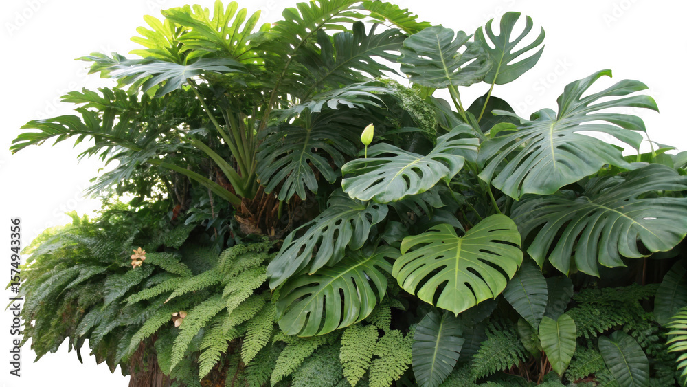 Naklejka premium Lush green tropical philodendron and monstera plant leaves with delicate ferns isolated on transparent background