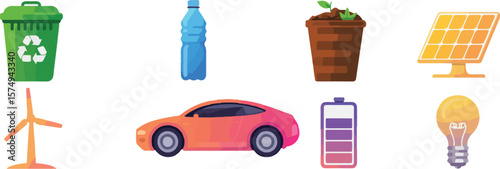 Green recycling bin blue water bottle brown plant pot solar panel orange wind turbine pink car purple battery yellow lightbulb 2025 bundle set download
