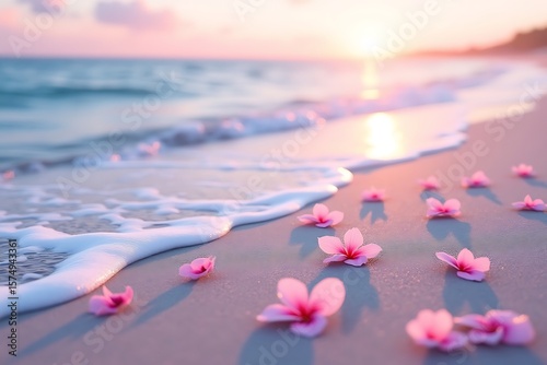 Pink flowers scattered on a sandy beach with gentle waves at sunset ocean water