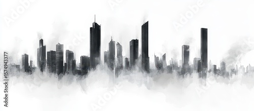 A cityscape rendered in grayscale, with a misty effect.