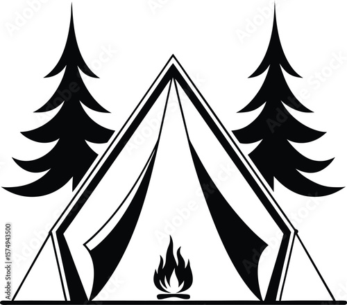 Black and white camping scene with tent trees and campfire forest