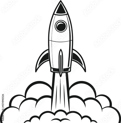 Black and white cartoon rocket blasting off with stylized clouds space launch