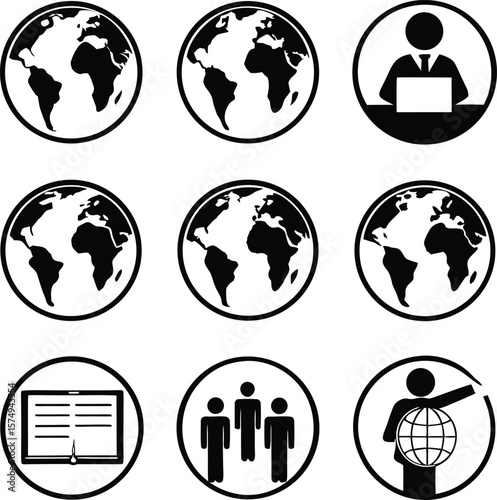 Black and white icons of globes people and business concepts in circles earth world