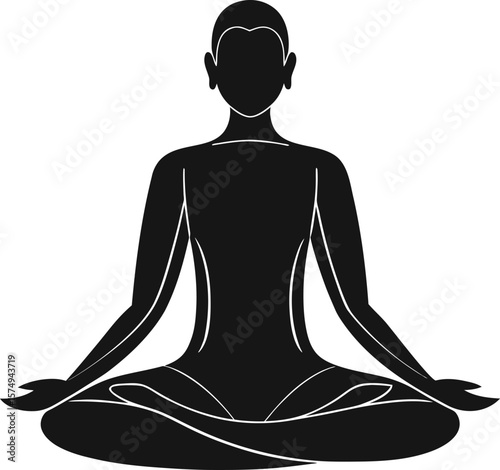 Black and white silhouette of a person meditating in a lotus pose with white outlines