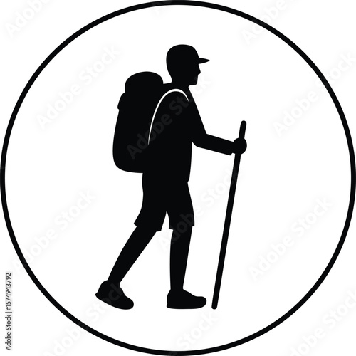 Black silhouette of a hiker with backpack and stick inside a circular frame hiking stick