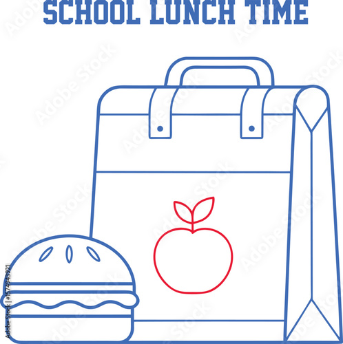 Blue line art school lunch bag with red apple and burger illustration food