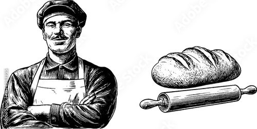 Vintage baker with apron and bread set for culinary design projects