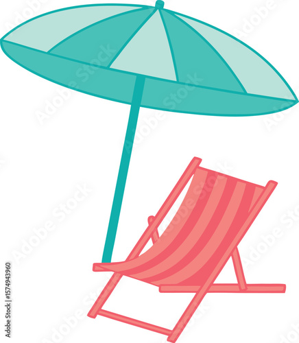 Cartoon beach umbrella and striped red and pink beach chair on white vector