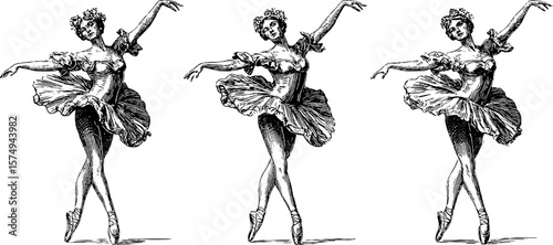 Graceful ballet dancer trio in engraved style for art and design projects