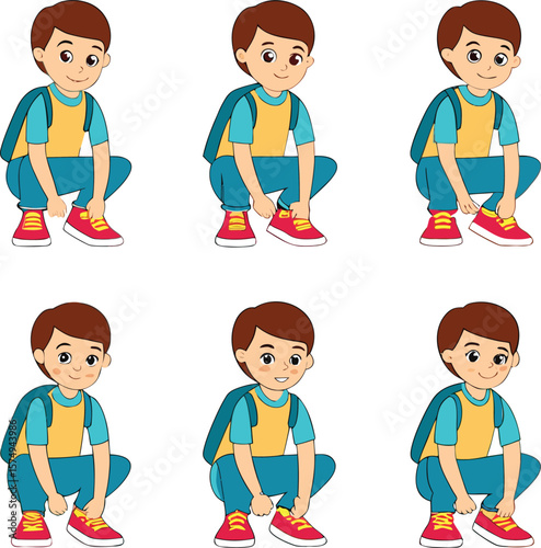 Cartoon boy in yellow shirt blue pants and red shoes tying shoelaces with backpack