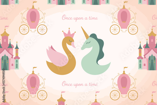 Pastel fairytale pattern with swan, unicorn, carriage and castle repeating on a light pink background