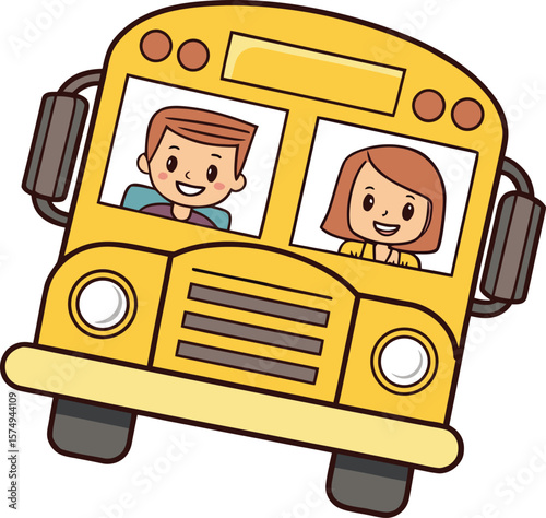 Cheerful yellow school bus with two smiling children inside ready for school kids