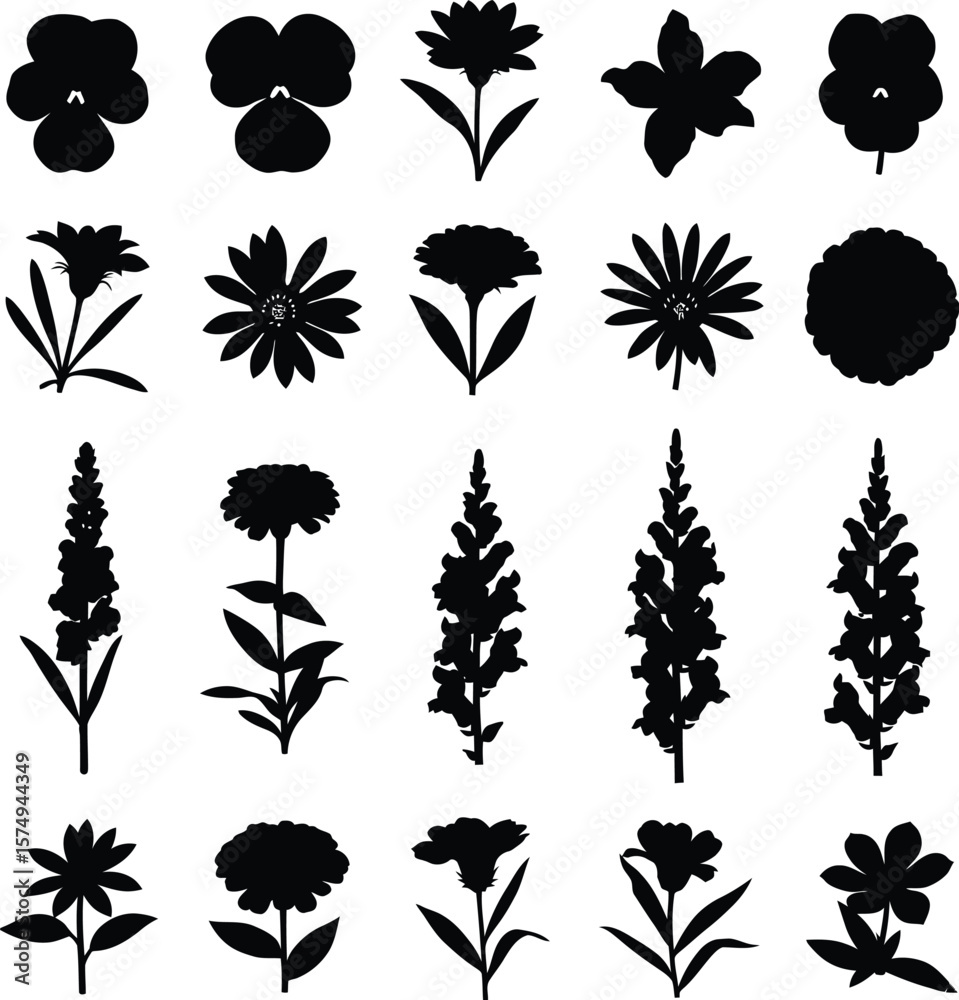 Fototapeta premium Collection of Black Flower Silhouettes on White Background floral bloom
