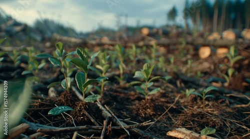 New seedlings emerge in deforested area highlighting reforestation efforts in a recovering landscape