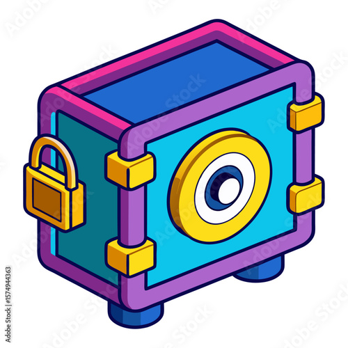 Cartoon safe with padlock and circular dial security money