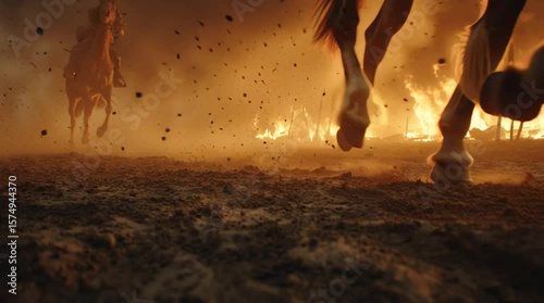 Horses gallop through smoke and fire during intense action scene in desolate landscape