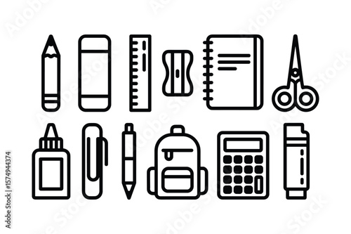 Pencil eraser ruler pencil sharpener notebook scissors glue bottle paperclip pen backpack calculator highlighter