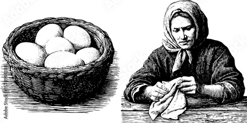 Engraved basket of eggs and vintage woman sewing collage for easter design