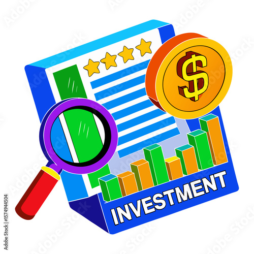 Financial analysis with magnifying glass and coin investment financial report