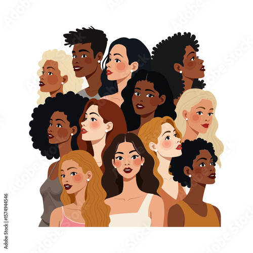 Colorful vector illustration of a diverse group of women Happy female portraits with different skin tones for equality and feminism concepts