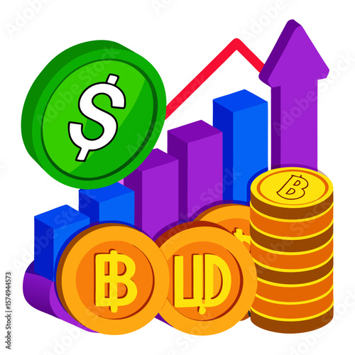 Green dollar coin purple and blue bar chart with gold bitcoin coins cryptocurrency finance