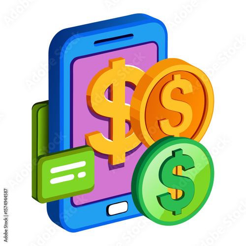 Mobile phone with dollar coins and message icon money finance