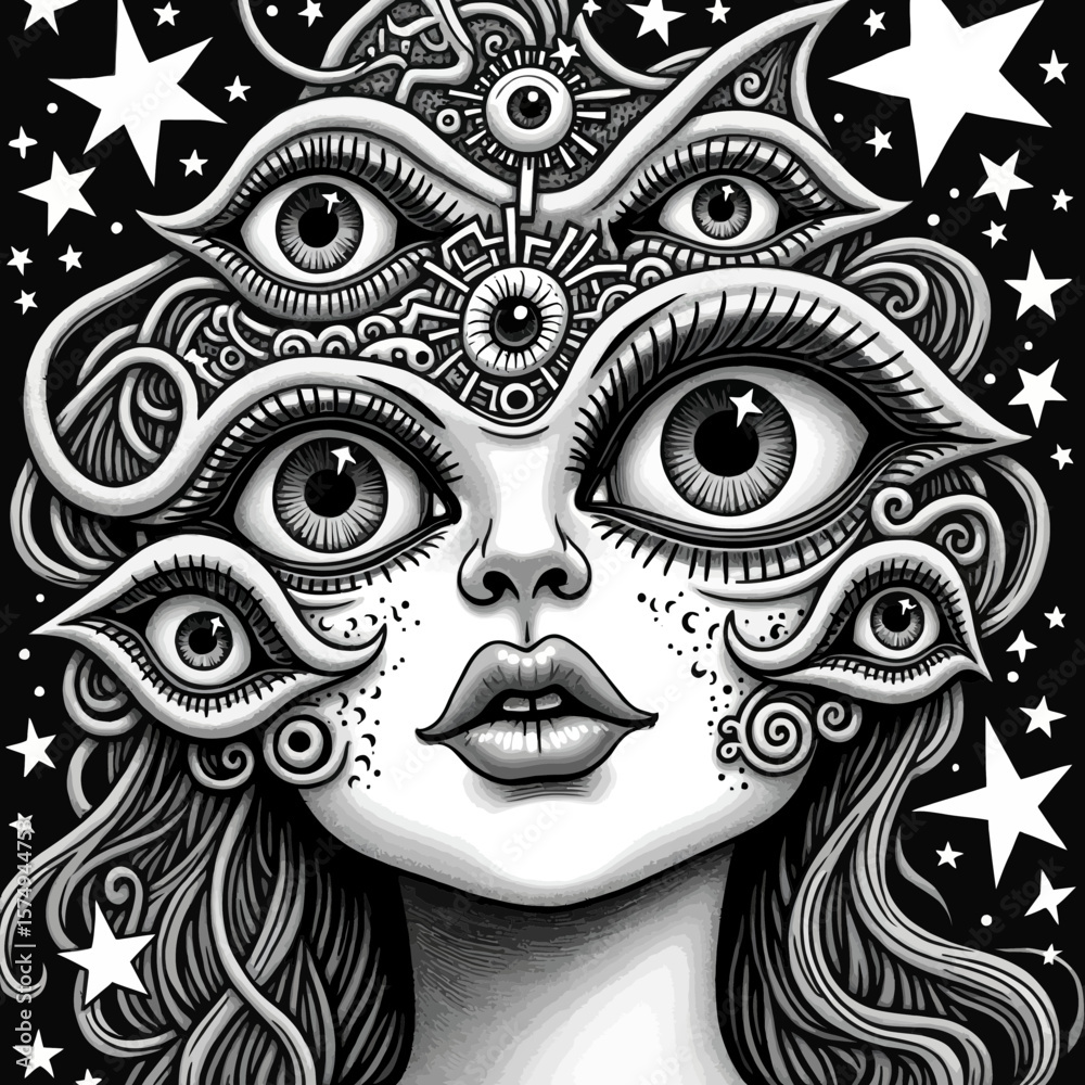 Naklejka premium Surreal woman with multiple eyes vector silhouette illustration Black and white fantasy portrait for abstract or spiritual art concepts