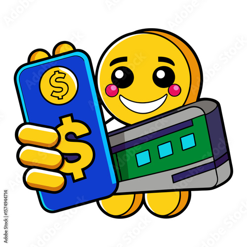 Yellow character holding smartphone with dollar sign and wallet money