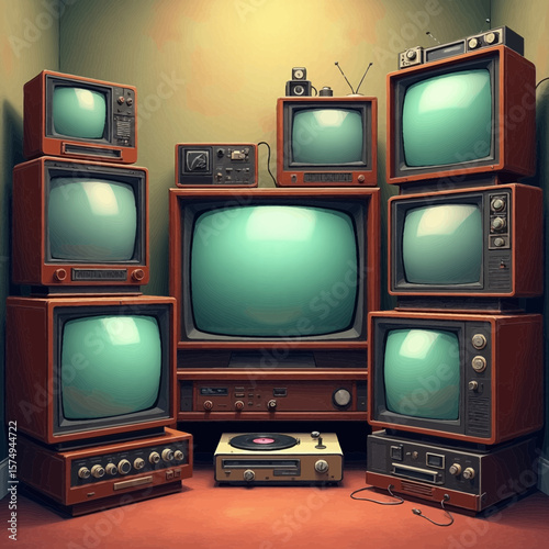 Retro televisions and vintage electronics vector illustration Still life of old TV sets and technology for a 70s or 80s nostalgia concept