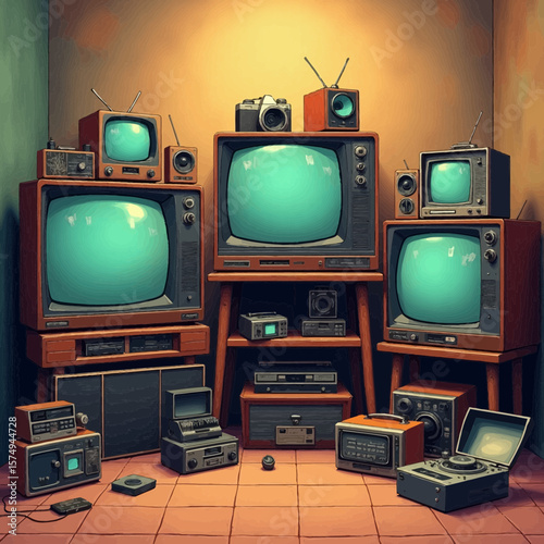 Retro televisions and vintage electronics vector illustration Still life of old TV sets and technology for a 70s or 80s nostalgia concept