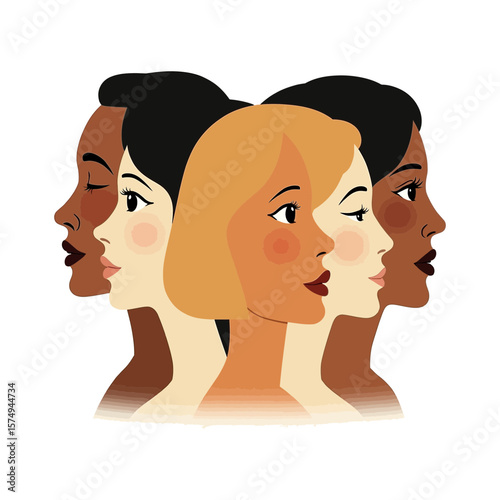 Vector illustration of diverse women's faces in a circle Colorful flat design for equality feminism and International Womens Day concepts