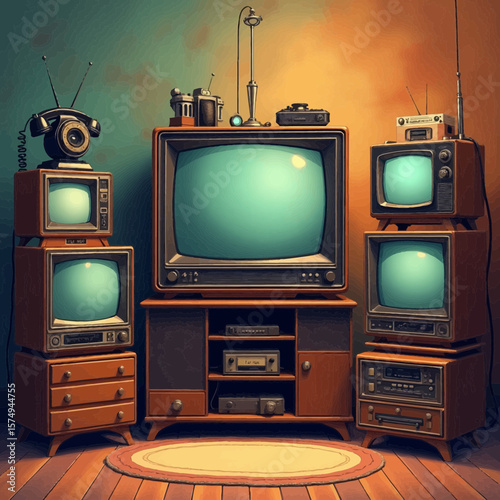 Retro televisions and vintage electronics vector illustration Still life of old TV sets and technology for a 70s or 80s nostalgia concept
