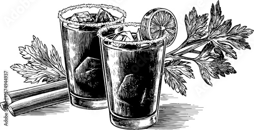 Engraved art of bloody caesar cocktails with celery and lemon garnish for beverage design