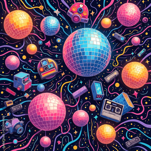 Retro disco party collage vector illustration Colorful 80s 90s music elements with disco ball boombox and arcade game for funky design