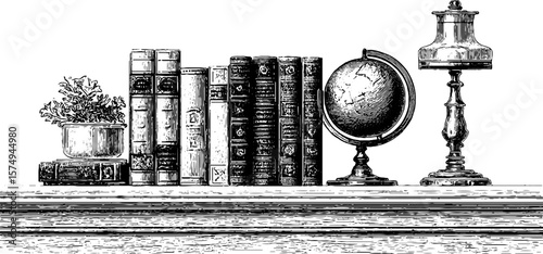 Vintage bookshelf with old books and antique objects for classic library decor