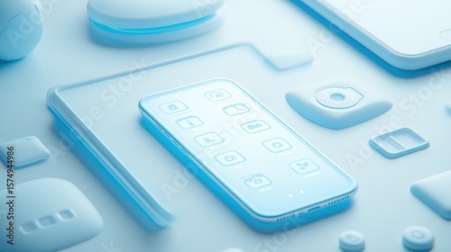 Light blue digital devices arranged on a light blue surface.