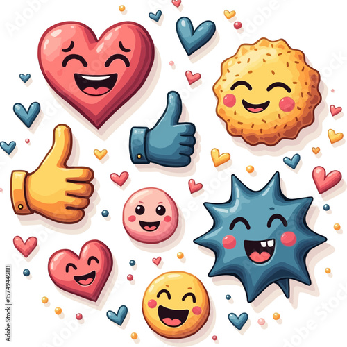Cute happy characters and positive emotion vector icons Colorful cartoon collection with laughing hearts smiley faces and thumbs up symbols