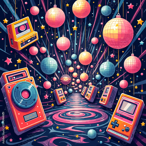 Surreal retro disco and gaming tunnel vector illustration Colorful 80s 90s design with disco balls boombox and games for a party poster
