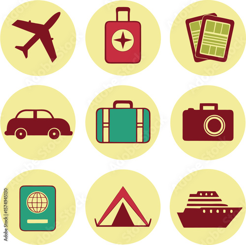 Collection of travel icons airplane luggage car passport tent and cruise ship on yellow circles