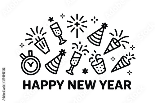 Festive New Year Celebration Icons With Champagne Glasses And Party Poppers vector