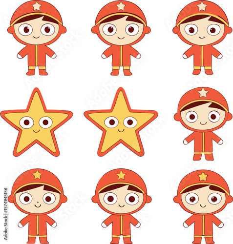 Cute cartoon characters in orange suits with smiling faces and yellow stars on white background