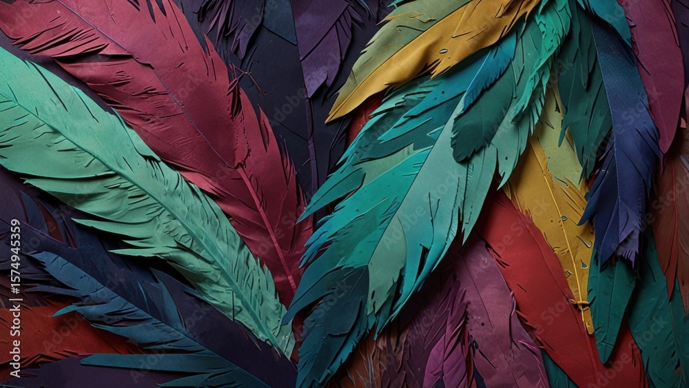 Obraz premium Oversized Paper Feathers in Jewel Tones Mixed Media Artistic Background