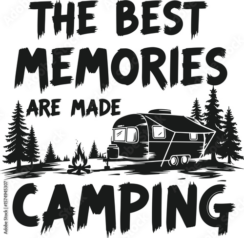 Rustic camping trailer silhouette graphic design featuring campfire and pine trees nostalgic adventure theme black ink style