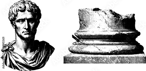 Roman senator bust and pedestal engraving for historical design projects