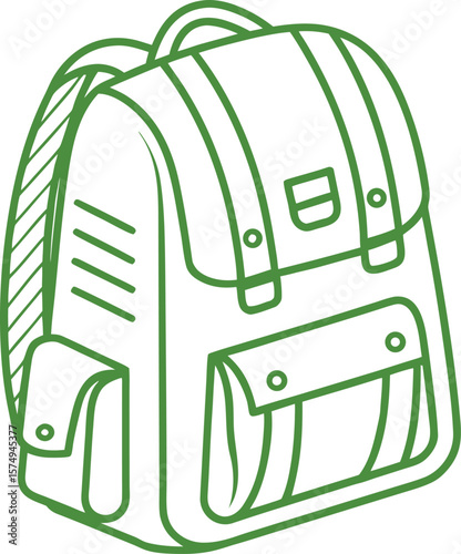 Green outlined backpack illustration with pockets and straps school
