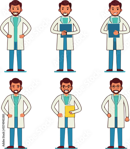 Male doctor in white lab coat with blue pants and teal shirt in various poses and expressions