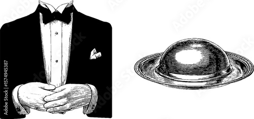 Vintage butler in tuxedo with tray - engraved illustration set for retro design