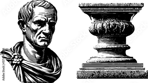 Classic roman senator bust and column engraving for historical design projects