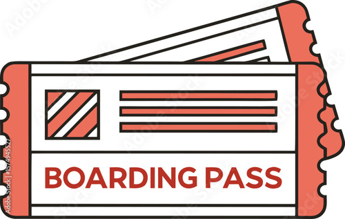 Red and white vector illustration of a boarding pass with black outlines air travel